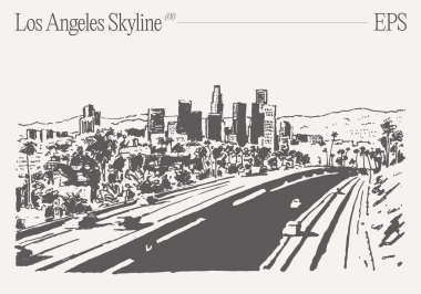 Los Angeles silueti, California. Ön planda otoyol var. Vektör illüstrasyonu