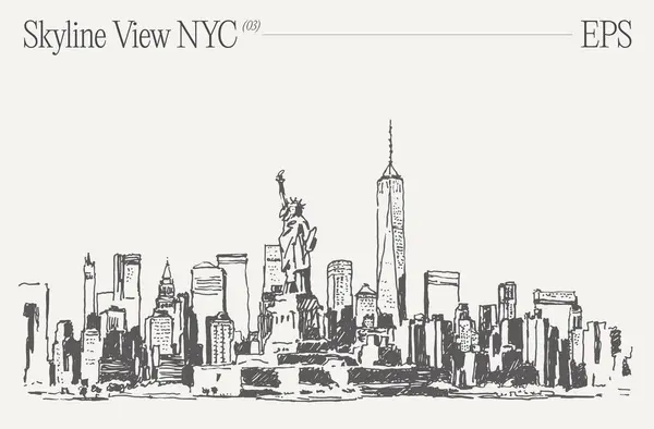 Детальный Рисунок Изображением Знакового Горизонта Нью Йорка Небоскребами Статуей Свободы Лицензионные Стоковые Векторы