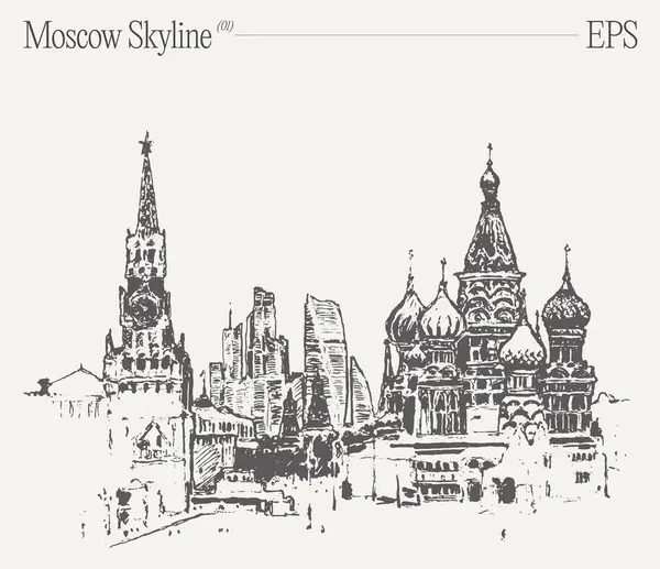 Desenho Preto Branco Detalhado Horizonte Moscou Exibindo Edifícios Icônicos Arranha Gráficos De Vetores