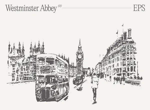 Monochrome Illustration Double Decker Bus London Set Backdrop Skyscrapers Urban — Stock Vector