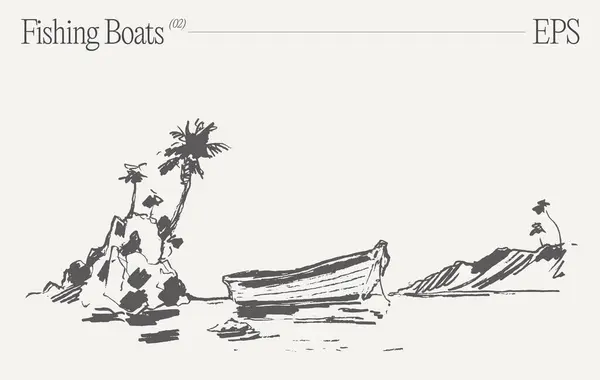 Художественный Рисунок Лодки Песчаном Пляже Пальмами Захватывающий Спокойный Пейзаж Детальными Стоковый вектор