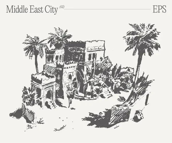 Esboço Monocromático Retratando Uma Cidade Oriente Médio Com Palmeiras Edifícios Vetores De Bancos De Imagens