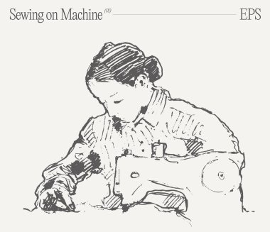 Klasik dikiş makinesiyle dikiş diken bir kadının monokromatik çizimi. Çenesi konsantrasyon içinde sıkıştı, şık bir başlık takıyor, dikiş sanatını yakalıyor.