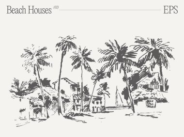 Kaliforniya 'da, Miami Plajı' nda yazlık evler. El çizimi vektör çizimi, taslak. Vektör illüstrasyonu