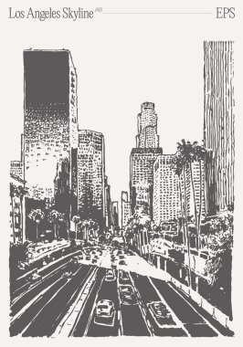 Los Angeles silueti, California. Ön planda otoyol var. Vektör illüstrasyonu