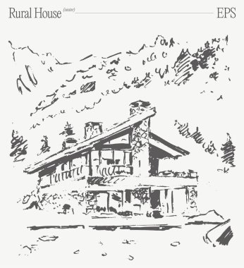 Dağlık bir zemin üzerine kurulmuş, doğa temalı projeler için mükemmel, güzel çizilmiş bir kır evi..