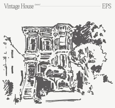 İşte klasik bir evin detaylı ve sanatsal bir çizimi, tasarım fikirleri ve ev dekorasyonu için ideal.