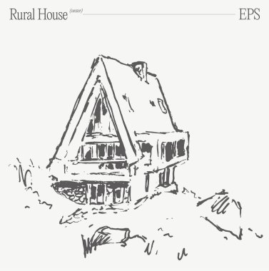 Huzurlu doğayla çevrili tuhaf ve büyüleyici bir kır evini tasvir eden güzel bir el çizimi.