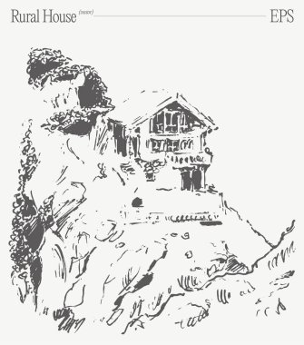 Kayalık bir uçuruma tünemiş, doğa ve sükuneti somutlaştıran tuhaf bir kırsal evin çizimi..