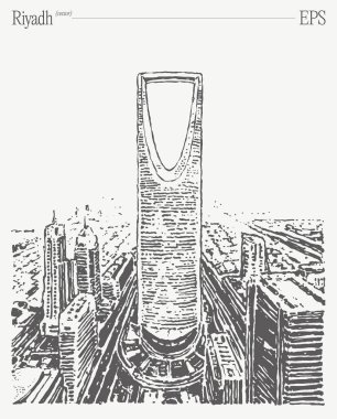 Riyad 'ın ikonik kulesini gösteren nefes kesici bir hava manzarası canlı, modern bir şehir manzarasının ortasına kurulmuş.