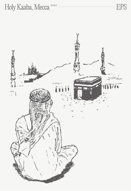 Bu illüstrasyon, Mekke 'deki Kutsal Kabe' nin önünde derin derin düşünen bir insanı tasvir eder.