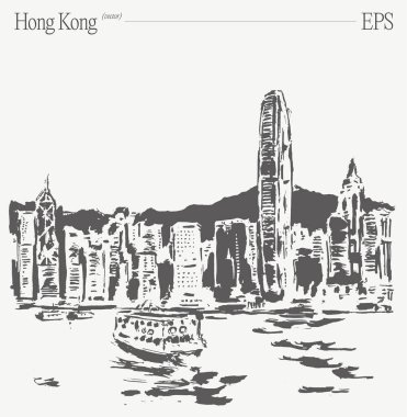 Hong Kong 'un ikonik siluetini ve canlı liman sahnesini tasvir eden güzel bir el yapımı, zamansız tek renkli çizim.