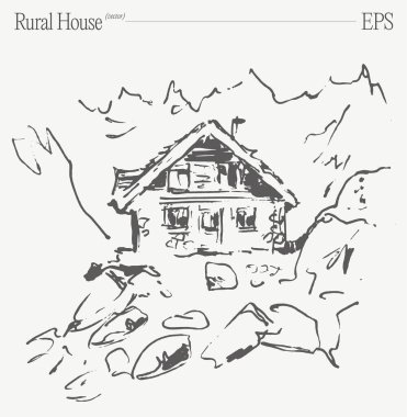 Huzurlu, kayalık bir arazide, sadelik ve sükuneti çağrıştıran bir köy evinin güzel bir taslağı.