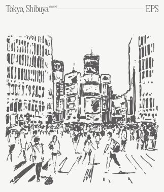 Tokyo 'daki ikonik Shibuya Geçidi' nin canlı şehir atmosferini ve heyecanını gösteren bir çizim.