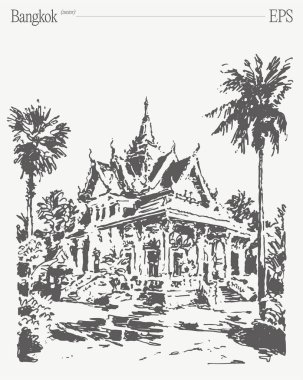 Canlı Bangkok 'ta palmiye ağaçları ile çevrili geleneksel Tayland mimarisinin çarpıcı panoramik manzarasının tadını çıkarın.