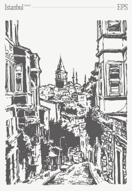 İstanbul sokaklarının ve tarihi mimarinin cazibesini yakalayan çarpıcı bir siyah beyaz çizim.