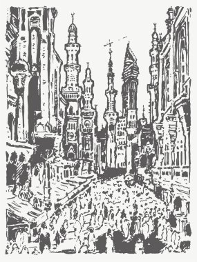 Çarpıcı mimari detaylar ve özelliklerle dolu çok yoğun bir sokak sahnesini tasvir eden karmaşık bir illüstrasyon.