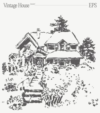 Pahalı bir bahçesi olan, ev dekorasyonu ve tasarım projeleri için ideal bir taslak çizimi.