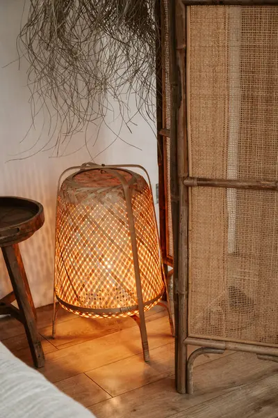 Stylish Wabi Sabi Bedroom Interior Design Lighten Floor Rattan Lamp — Stock Photo, Image