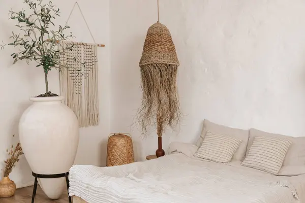 White Simple Wabi Sabi Bedroom Design Woven Lamps Comfortable Bed Stock Photo