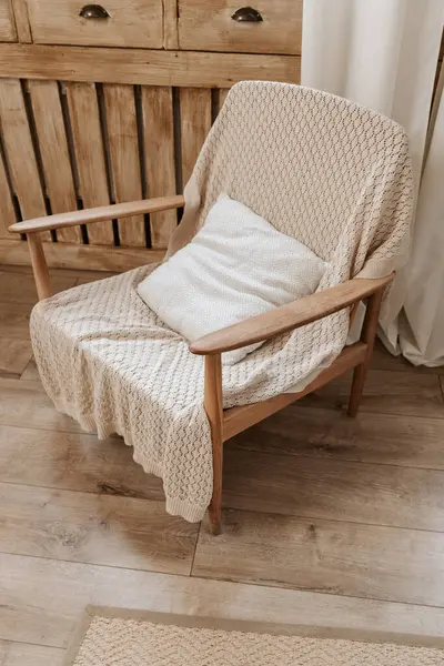 Interior Design Stylish Room Modern Wooden Rattan Chair Beige Blanket Stock Picture