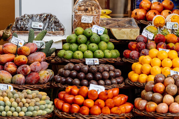 Variety of fruit at the farmers market in Funchal, Madeira, Portugal