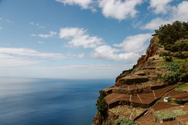 Portekiz 'deki Cabo Girao, Madeira Adası' ndaki Atlantik Okyanusu kıyısının yeşil teras tarlalarının havadan görüntüsü.