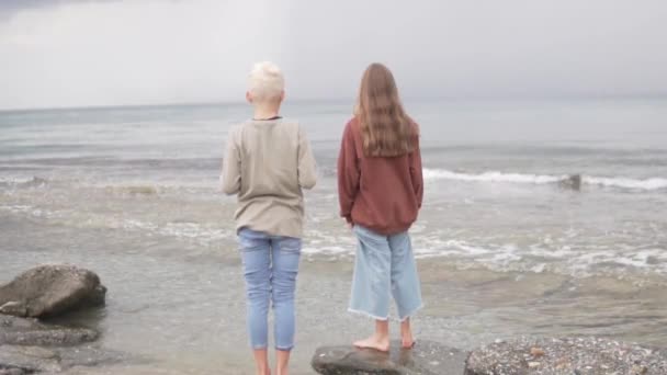 Vista Dietro Bellissimi Bambini Adolescenti Guardano Cielo Coperto Sul Mare — Video Stock