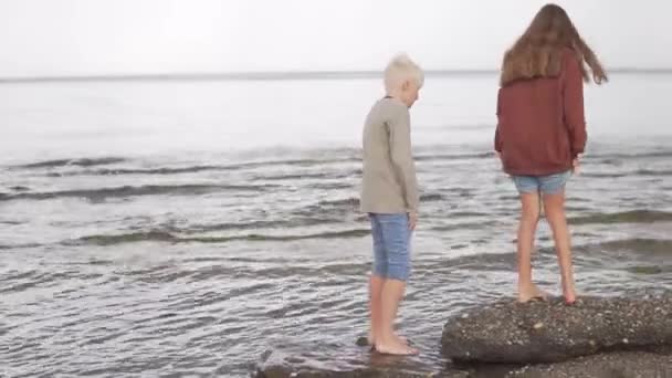 Gyerek Barátok Fiú Lány Sétálnak Parton Tinédzserek Állnak Egy Sziklán — Stock videók