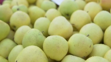 Türkiye 'de bir çiftçi pazarının vitrininde yeşil ve kırmızı elmalar.