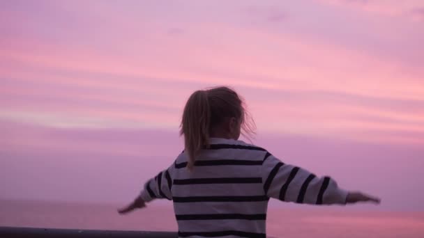 Blick Von Hinten Ein Kleines Mädchen Westen Das Bei Sonnenuntergang — Stockvideo