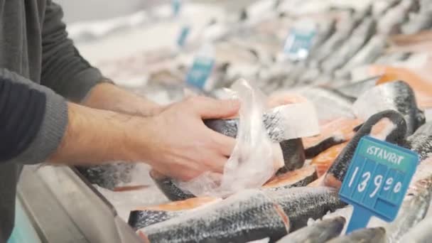 Verkäufer Packt Forellensteaks Tüte Auf Dem Markt — Stockvideo