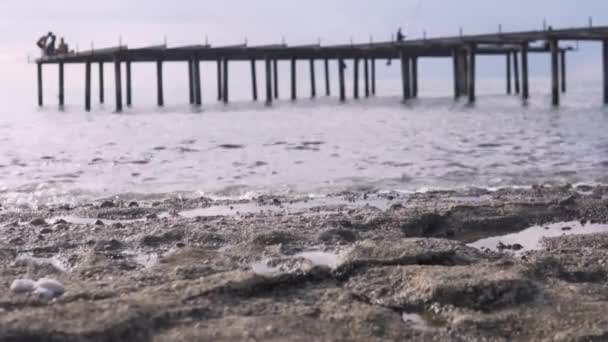 Рибалки Рибалять Пірсі Морі Міст Розмивається Акцент Скелях Море Передньому — стокове відео