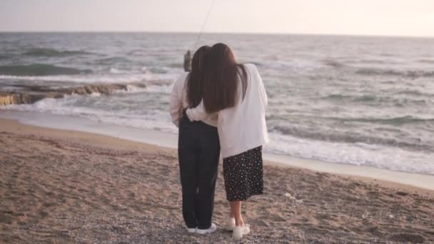 Women Hugging Look Sea View Concept Mother Adult Daughter Stand — Vídeos de Stock