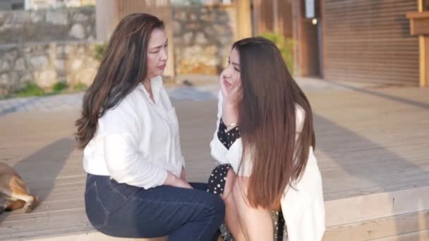 Mom Adjusts Her Adult Daughters Hair Two Beautiful Happy Women — Stock Video