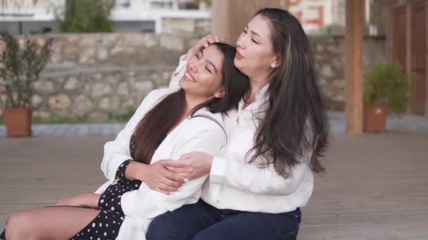 Beautiful Oriental Mom Hugs Her Beloved Adult Daughter Walk — Video Stock
