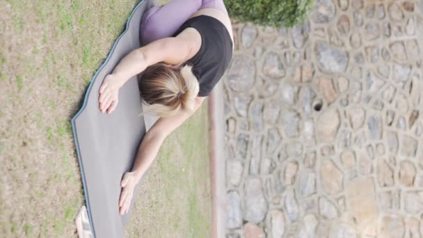 Overweight Woman Does Yoga Mat Park — Vídeo de stock