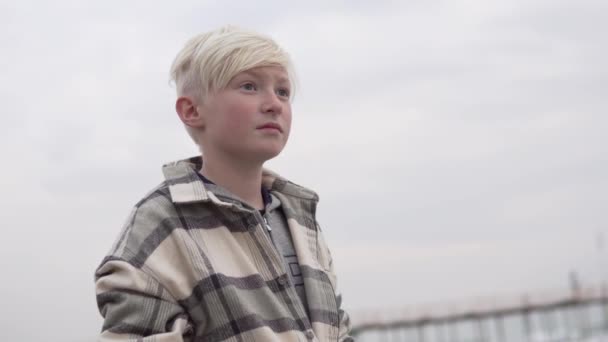 Portrait Beautiful Blond Boy Jacket Cloudy Sky — Stok Video