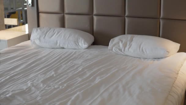 Tired Female Tourist Falls Bed Hotel — 图库视频影像