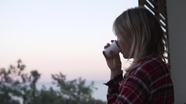 Beautiful Woman Drinks Tea Paper Glass Balcony Hotel — Stok video