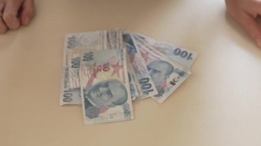 Bir adamın elinde 100 lira banknot paketi, Türk lirası sayan eller.
