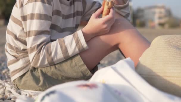 Schoolboy Boy Face Eats Banana City Park Summer — Stok Video