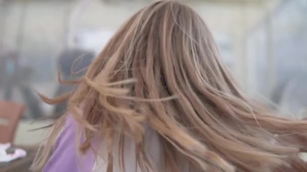 Little Girl Long Blonde Hair Turns Turns Away Camera Close — Stock Video