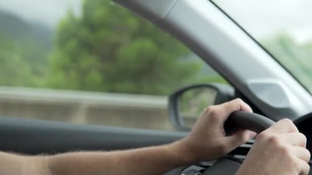 Zbliżenie Męskich Rąk Kierownicą Samochodu Latem Mężczyzna Jeździ Wzdłuż Drogi — Wideo stockowe