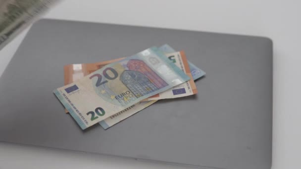Red Passport Euro Dollar Bills Laptop — Stock Video