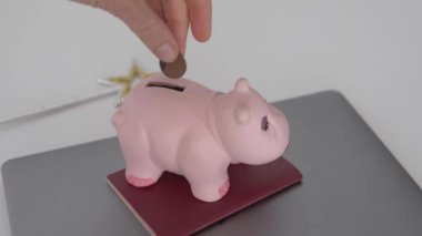 Birisi seramik domuz kumbarasına euro sikkeleri atıyor ve daha fazla para kazanmak için sihirli bir değnek yapıyor..