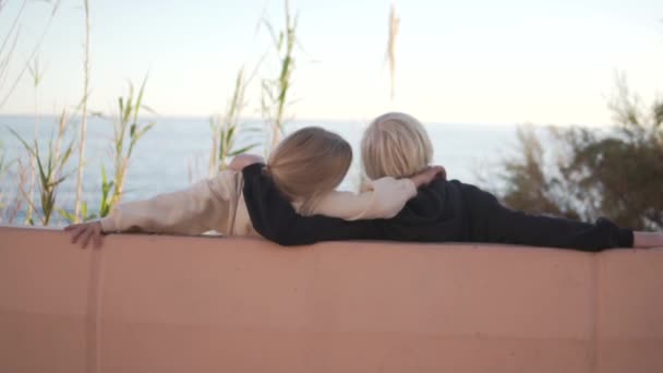 Вид Ззаду Блондинки Які Дивляться Море Лавки Парку — стокове відео