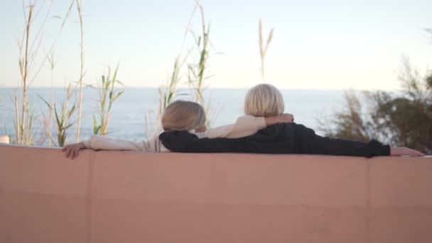 Achteraanzicht Romantische Jongen Meisje Kijkend Naar Zee Spanje Alicante 2024 — Stockvideo