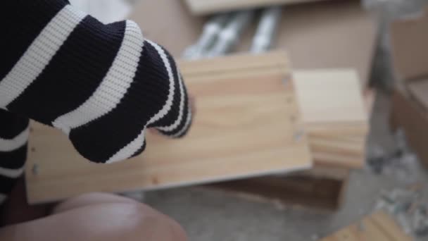 Close Woman Assembling Furniture Your Own Hands — Stock Video