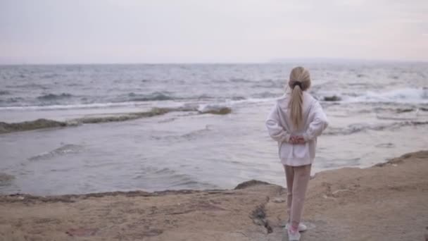 Mała Dziewczynka Stojąca Nad Brzegiem Morza Pochmurny Dzień Widok Tyłu — Wideo stockowe